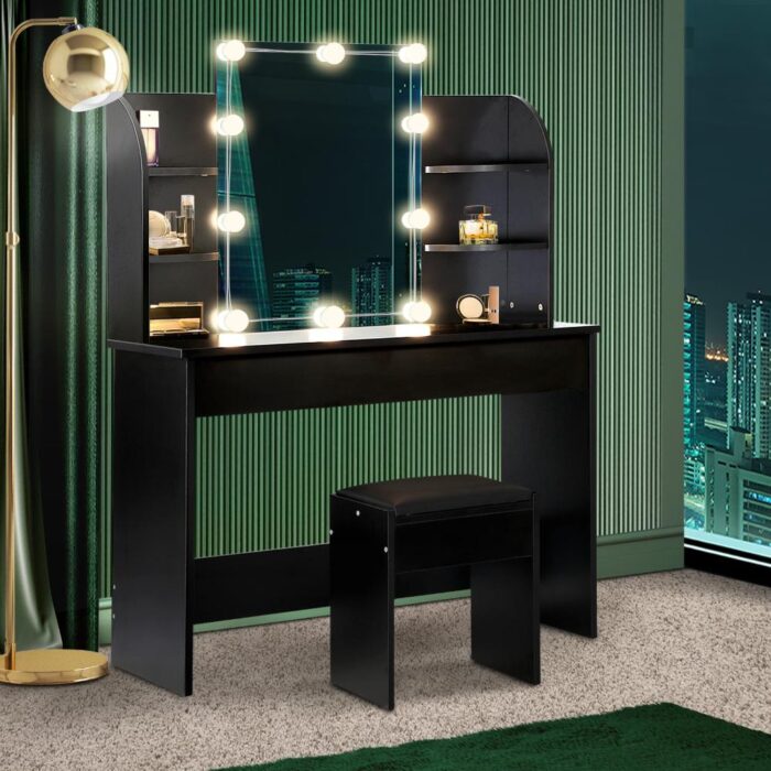 Oikiture Dressing Table Stool Set with 10 Bulbs Mirror Black - Image 6