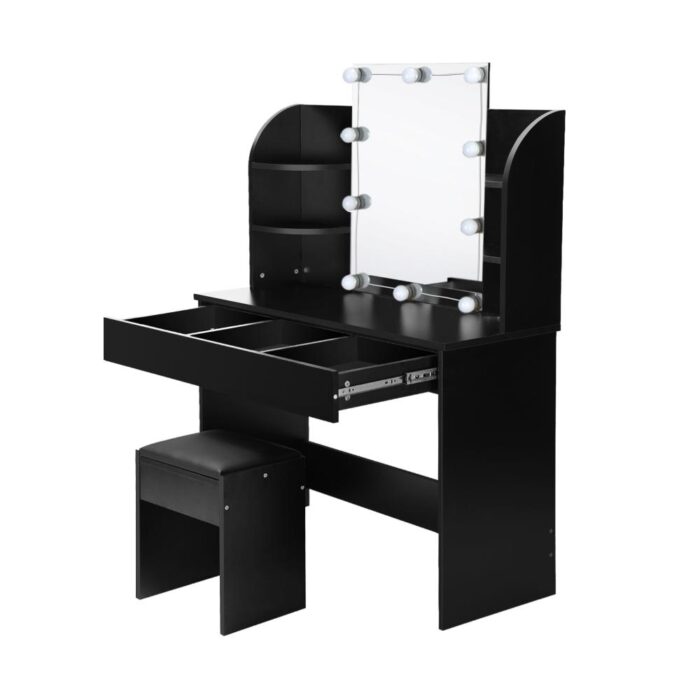 Oikiture Dressing Table Stool Set with 10 Bulbs Mirror Black - Image 2