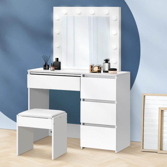 Oikiture Dressing Table Stool Set with 12 Bulbs Mirror White - Image 4