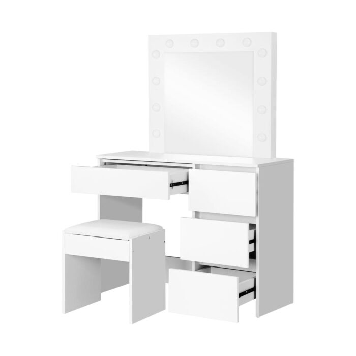 Oikiture Dressing Table Stool Set with 12 Bulbs Mirror White - Image 5