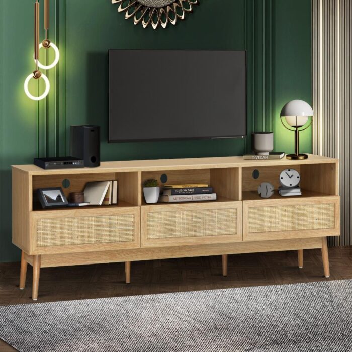 Oikiture TV Cabinet Entertainment Unit Stand Rattan Drawers Furniture 160CM - Image 3