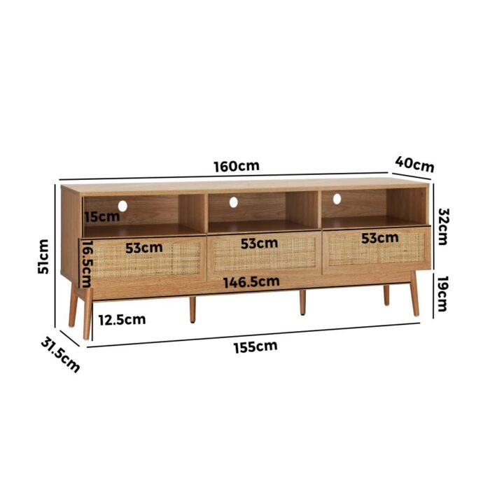 Oikiture TV Cabinet Entertainment Unit Stand Rattan Drawers Furniture 160CM - Image 5