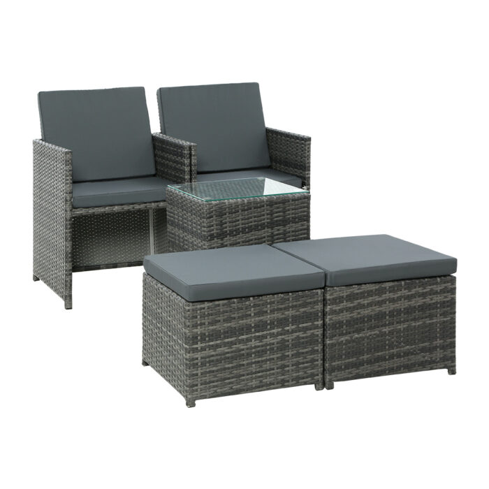 Gardeon 5PC Bistro Set Wicker Table and Chairs Ottoman Outdoor Furniture Grey - Image 3