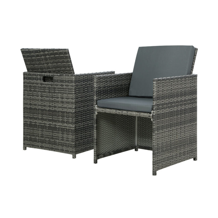 Gardeon 5PC Bistro Set Wicker Table and Chairs Ottoman Outdoor Furniture Grey - Image 4