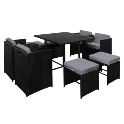 Gardeon Outdoor Dining Set 9 Piece Wicker Table Chairs Setting Black