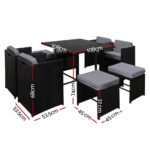 Gardeon Outdoor Dining Set 9 Piece Wicker Table Chairs Setting Black - Image 2