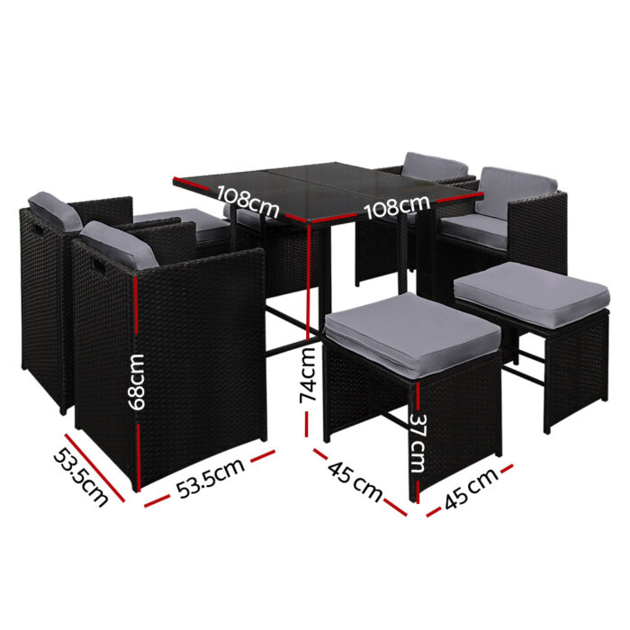 Gardeon Outdoor Dining Set 9 Piece Wicker Table Chairs Setting Black - Image 2