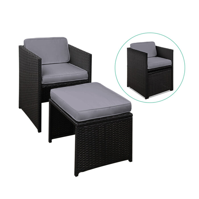 Gardeon Outdoor Dining Set 9 Piece Wicker Table Chairs Setting Black - Image 4