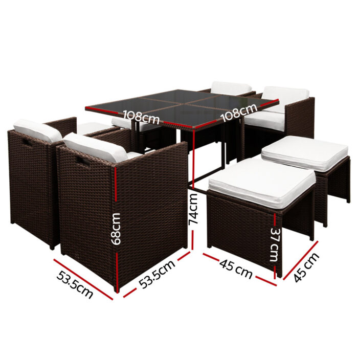 Gardeon 9 Piece Wicker Outdoor Dining Set - Brown & White - Image 2