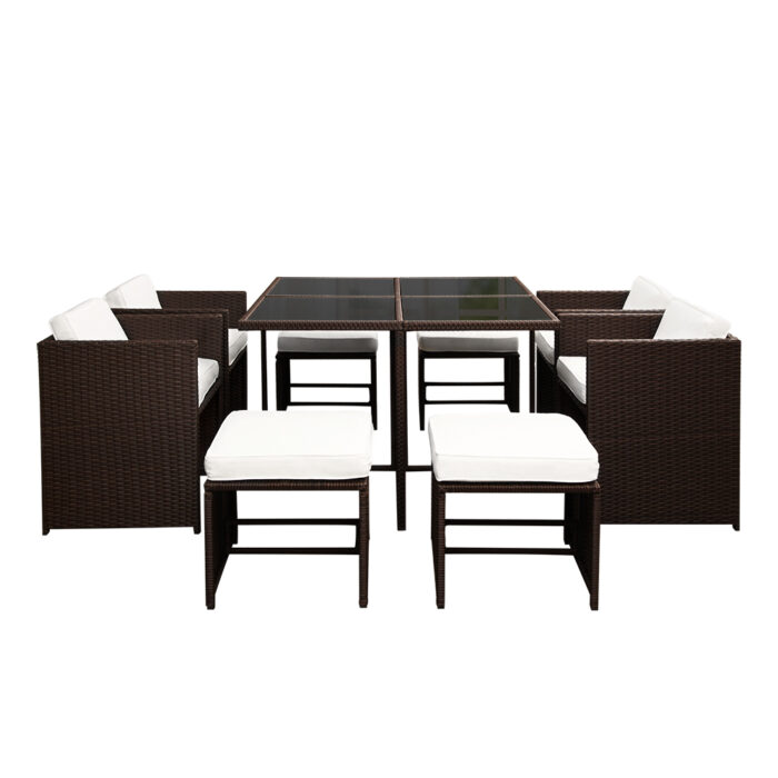 Gardeon 9 Piece Wicker Outdoor Dining Set - Brown & White - Image 3