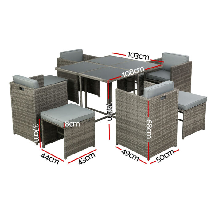 Gardeon Outdoor Dining Set 9 Piece Wicker Table Chairs Setting Grey - Image 2