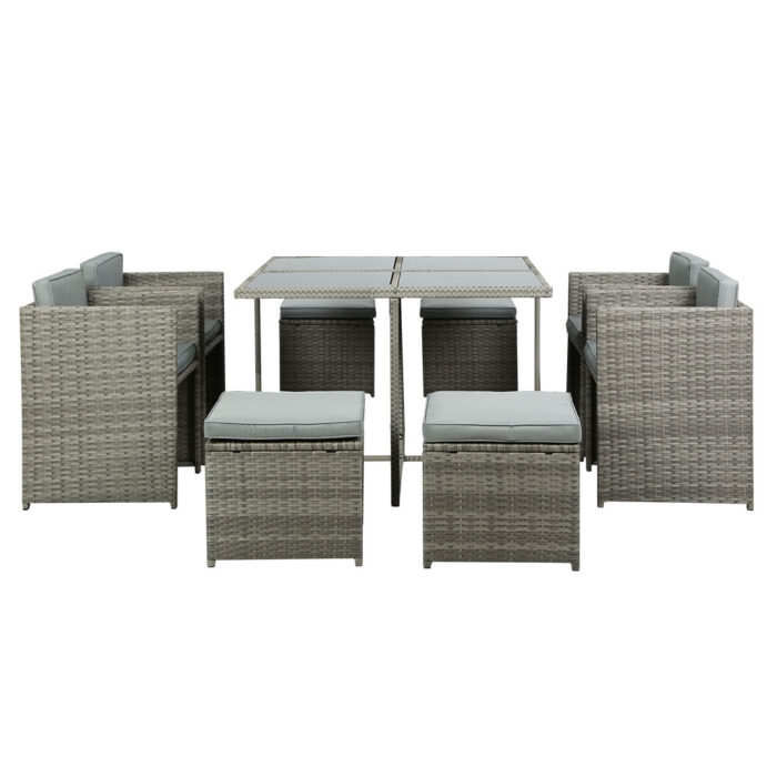 Gardeon Outdoor Dining Set 9 Piece Wicker Table Chairs Setting Grey - Image 4