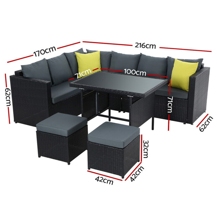 Gardeon Outdoor Dining Set Aluminum Table Chairs Wicker Setting Black - Image 2