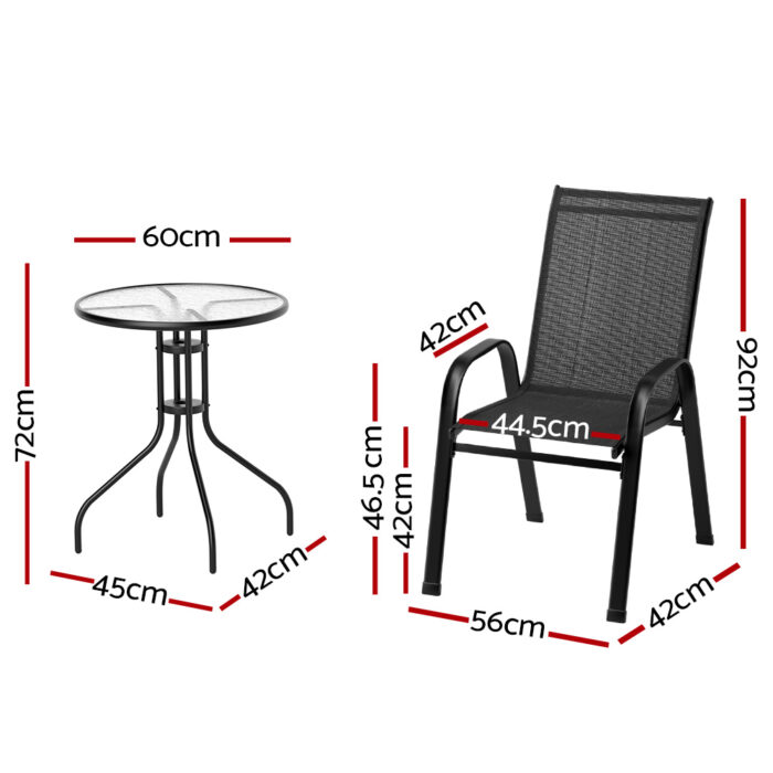 Gardeon 3PC Bistro Set Outdoor Table and Chairs Stackable Outdoor Furniture Black - Image 2