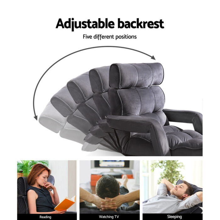 Artiss Floor Lounge Sofa With Armrest Flocking Fabric Charcoal - Image 4