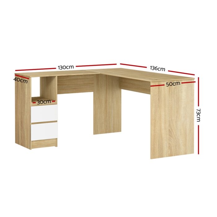 Artiss Computer Desk Drawer Cabinet L-Shape Oak 136CM - Image 2