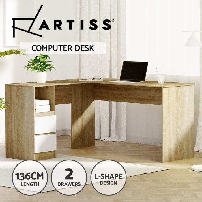 Artiss Computer Desk Drawer Cabinet L-Shape Oak 136CM - Image 4