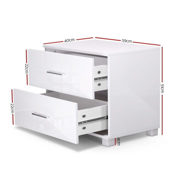Artiss Bedside Table 2 Drawers High Gloss - ZARA White - Image 2