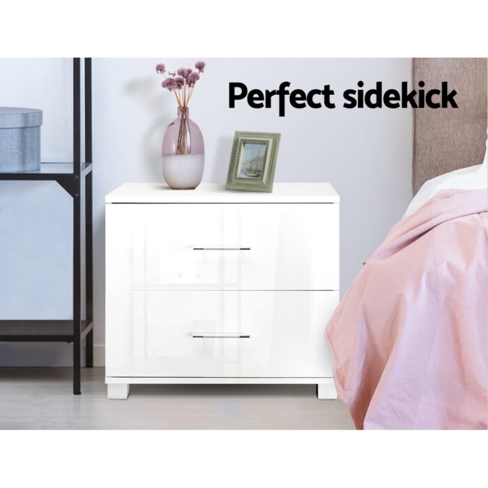 Artiss Bedside Table 2 Drawers High Gloss - ZARA White - Image 4