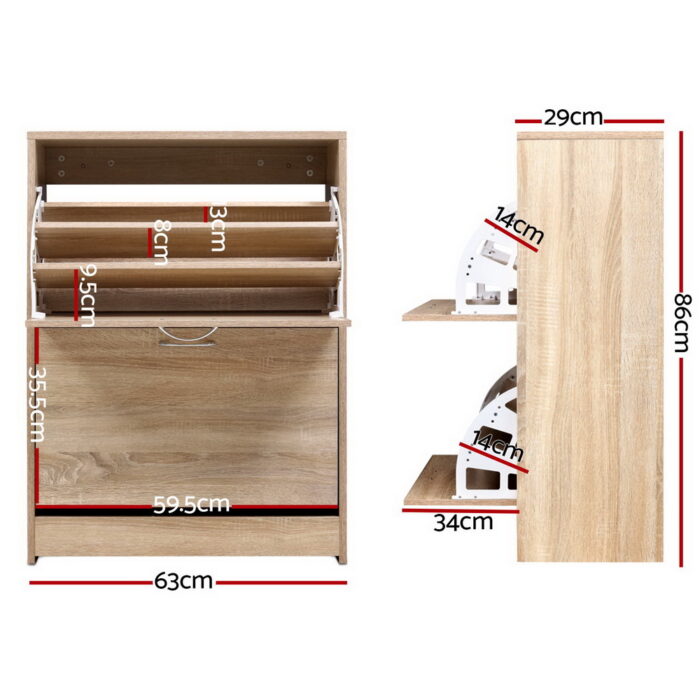 Artiss Shoe Cabinet Shoes Storage Rack 24 Pairs Organiser Shelf Cupboard Oak - Image 2