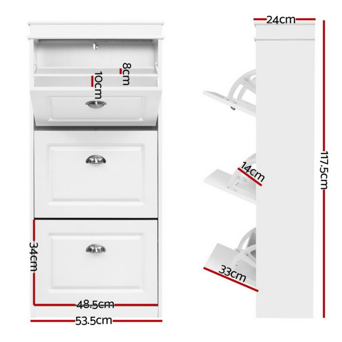 Artiss Shoe Cabinet 18 Pairs 3-tier White Sena - Image 2