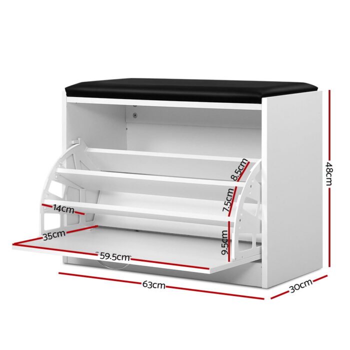 Artiss Shoe Cabinet Bench Shoes Storage Rack Organiser Drawer White 15 Pairs - Image 3