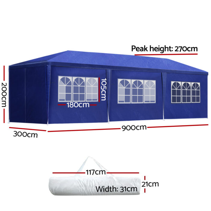 Instahut Gazebo 3x9m Marquee Wedding Party Tent Outdoor Camping Side Wall Canopy 8 Panel Blue - Image 2