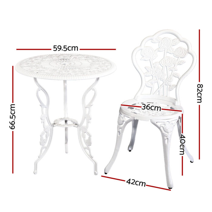 Gardeon 3PC Outdoor Setting Bistro Set Chairs Table Cast Aluminum Patio Furniture Rose White - Image 2