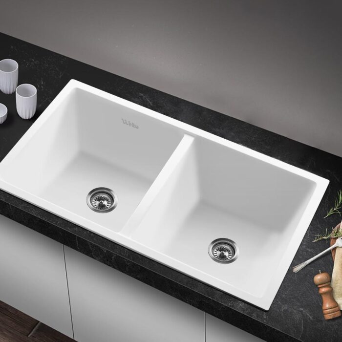 Welba Granite Sink Double Bowl 770mmx450mm White - Image 6