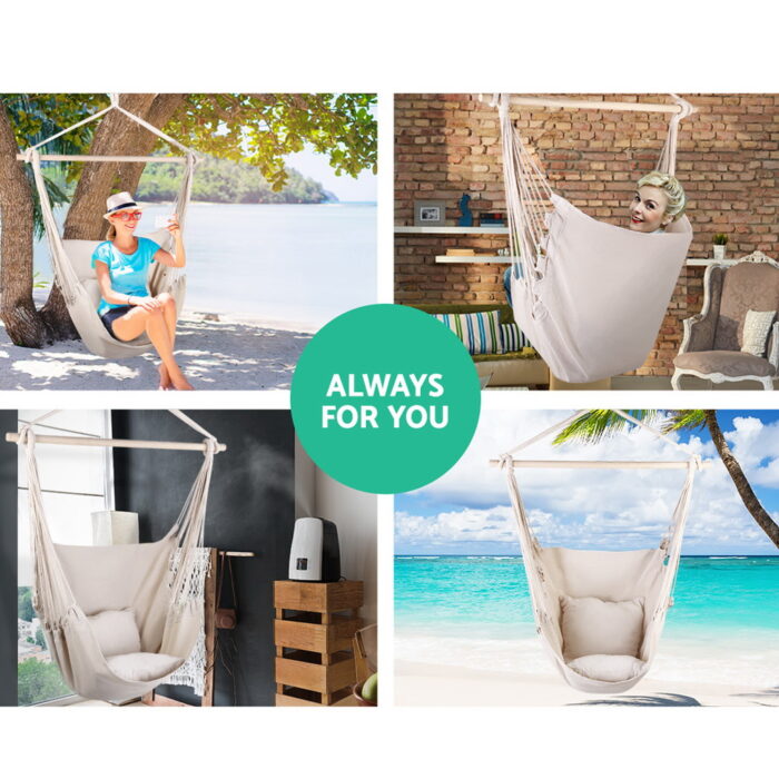 Gardeon Hammock Chair Outdoor Camping Hanging Hammocks Cushion Pillow Cream - Image 3