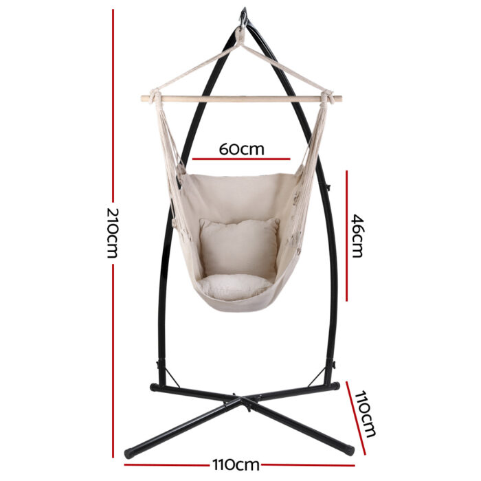 Gardeon Hammock Chair Outdoor Camping Hanging with Steel Stand Cream - Image 2