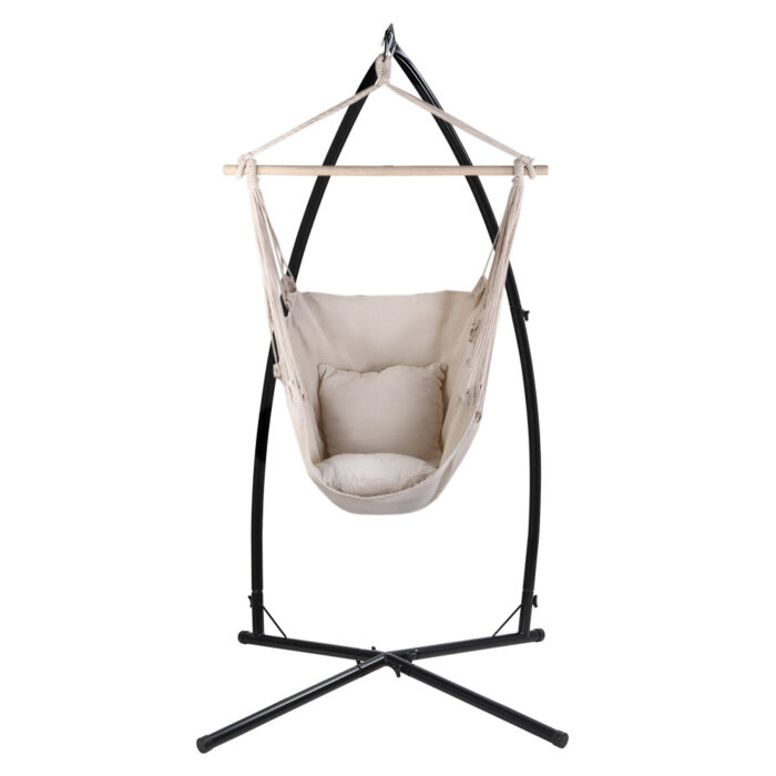 Gardeon Hammock Chair Outdoor Camping Hanging with Steel Stand Cream - Image 3