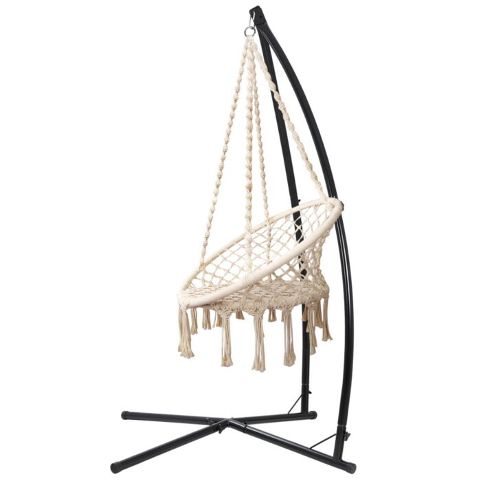 Gardeon Hammock Chair with Steel Stand Macrame Outdoor Swinging Cream - Image 3