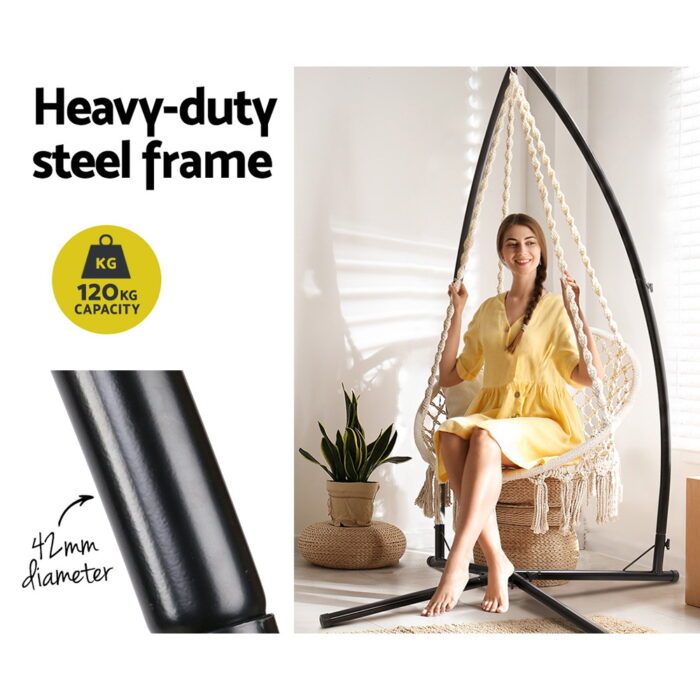 Gardeon Hammock Chair with Steel Stand Macrame Outdoor Swinging Cream - Image 4
