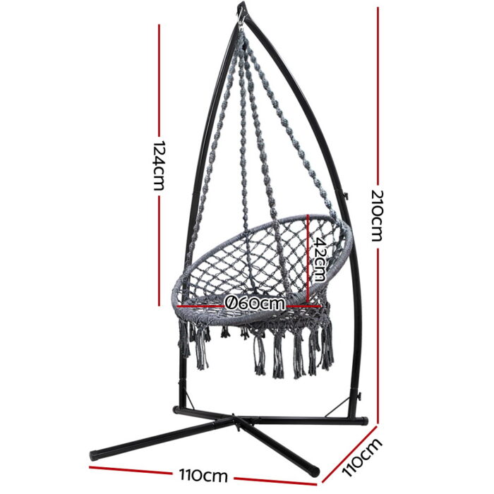 Gardeon Hammock Chair with Steel Stand Macrame Outdoor Swinging Grey - Image 2