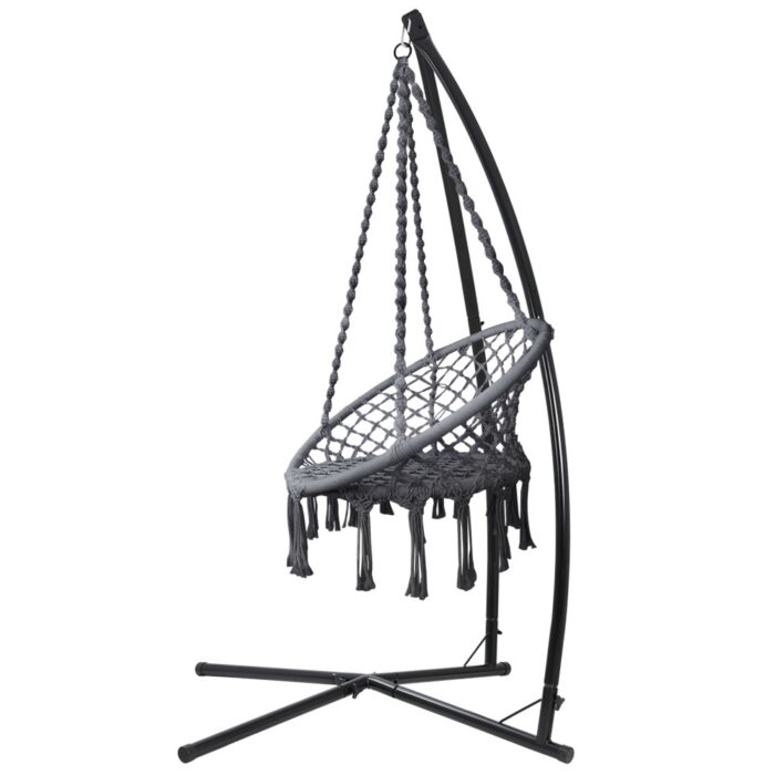 Gardeon Hammock Chair with Steel Stand Macrame Outdoor Swinging Grey - Image 3