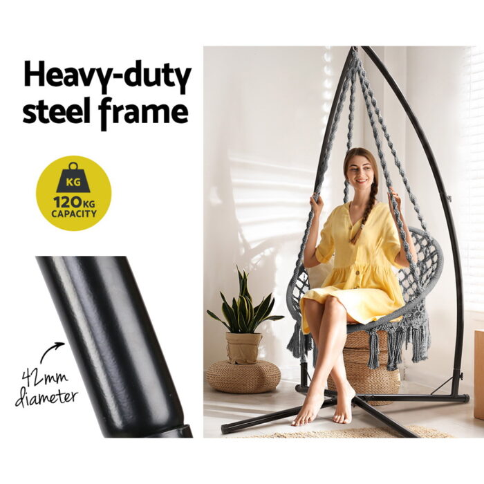 Gardeon Hammock Chair with Steel Stand Macrame Outdoor Swinging Grey - Image 4