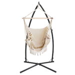 Gardeon Hammock Chair with Steel Stand Hanging Outdoor Tassel Cream - Image 3