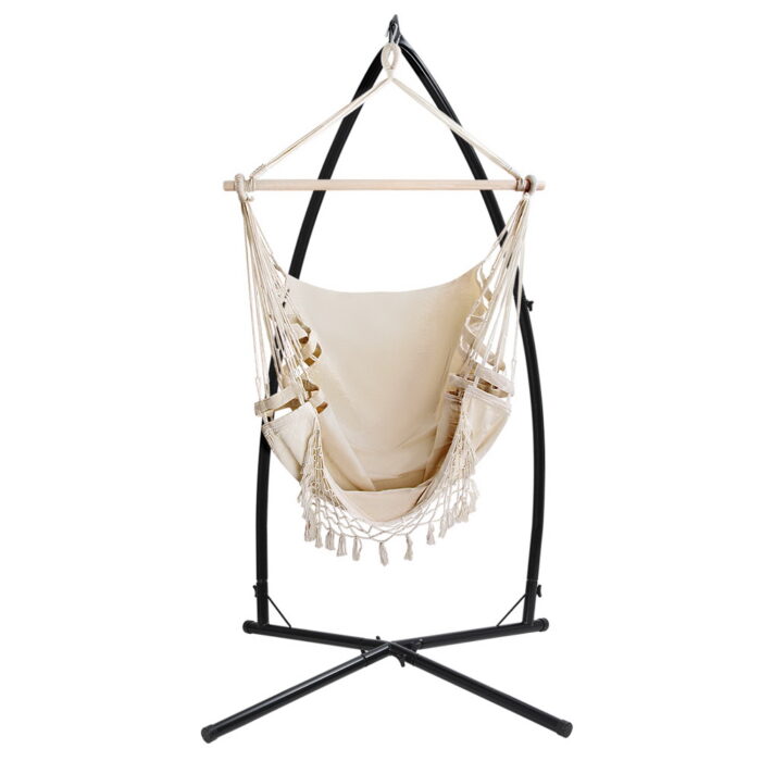 Gardeon Hammock Chair with Steel Stand Hanging Outdoor Tassel Cream - Image 3