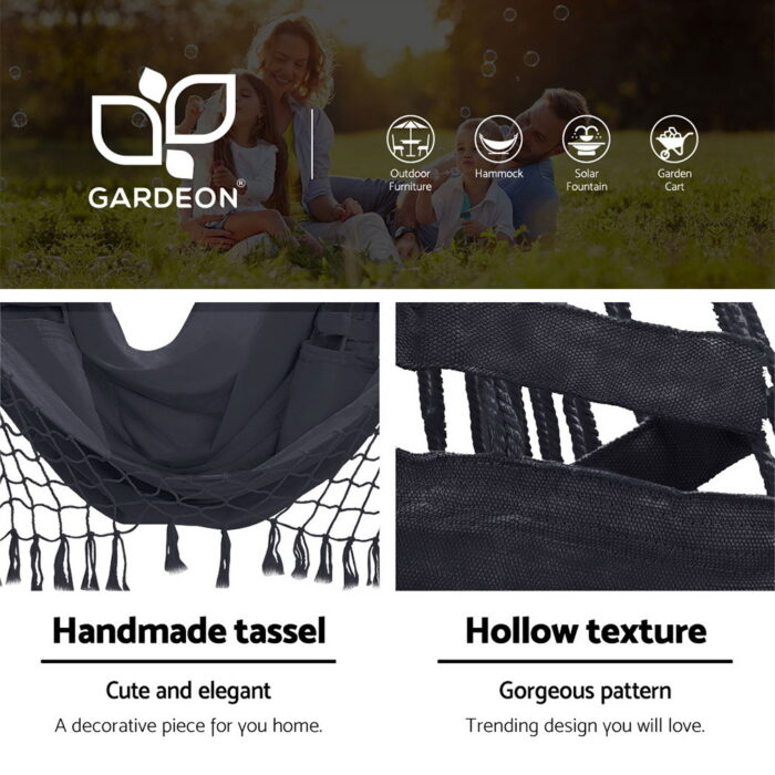 Gardeon Hammock Chair with Steel Stand Hanging Outdoor Tassel Grey - Image 4