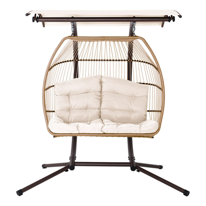 Gardeon Outdoor Egg Swing Chair Wicker Furniture Pod Stand Canopy 2 Seater Latte - Image 3