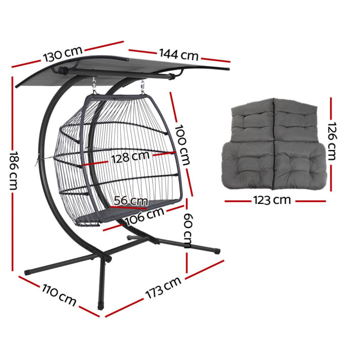 Gardeon Outdoor Egg Swing Chair Wicker Furniture Pod Stand Canopy 2 Seater Grey - Image 2