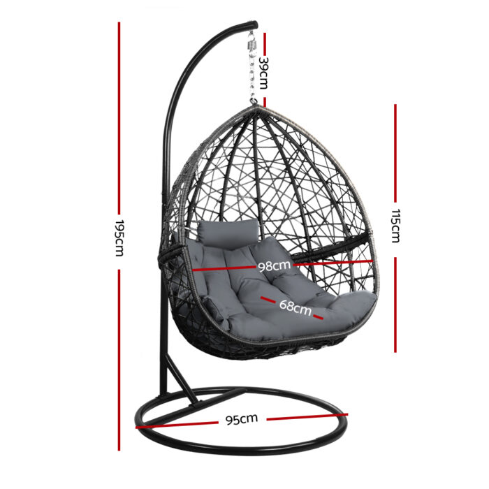 Gardeon Outdoor Egg Swing Chair Wicker Rattan Furniture Pod Stand Cushion Grey - Image 2