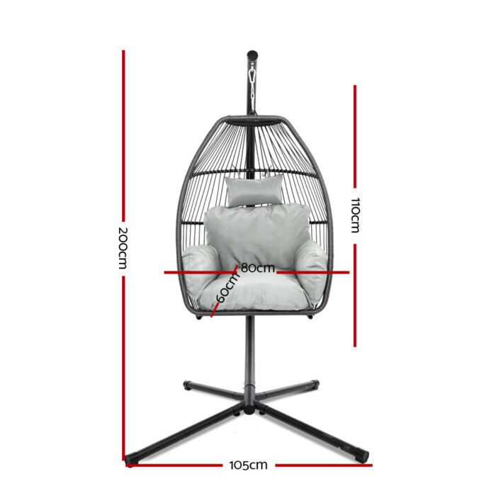 Gardeon Outdoor Egg Swing Chair Wicker Rope Furniture Pod Stand Cushion Grey - Image 2