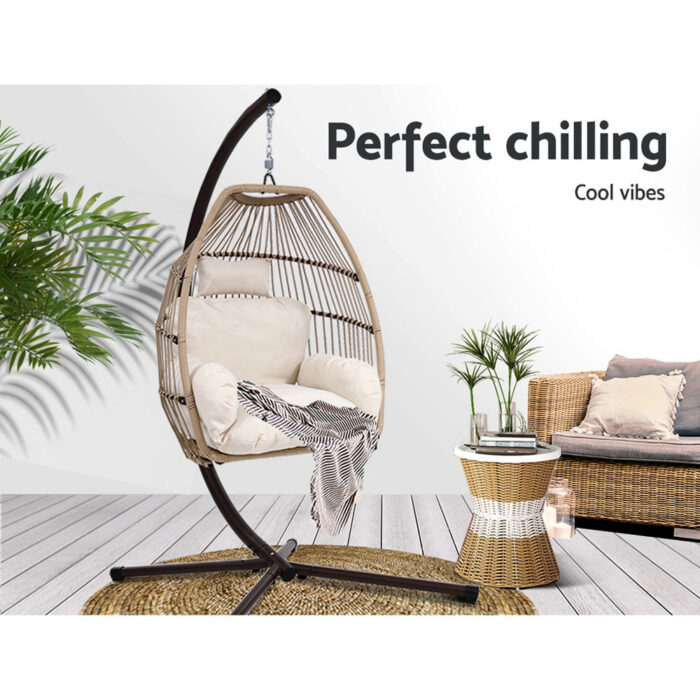 Gardeon Outdoor Egg Swing Chair Wicker Rope Furniture Pod Stand Cushion Latte - Image 3