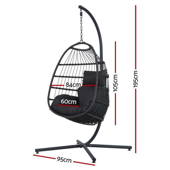Gardeon Outdoor Egg Swing Chair Wicker Rope Furniture Pod Stand Foldable Grey - Image 2