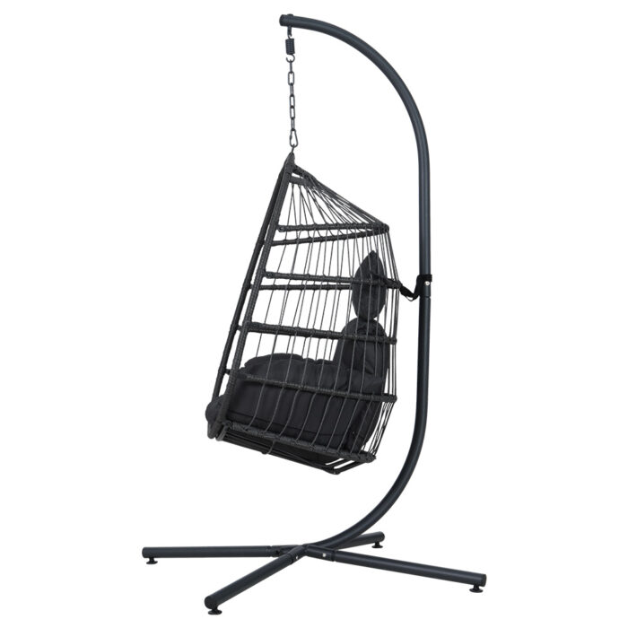 Gardeon Outdoor Egg Swing Chair Wicker Rope Furniture Pod Stand Foldable Grey - Image 4