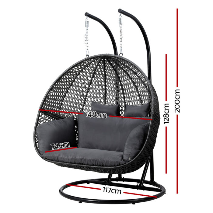 Gardeon Outdoor Egg Swing Chair Hanging Pod Chair Wicker Cushion 2 Person Grey - Image 2