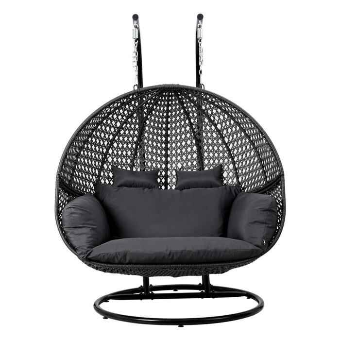 Gardeon Outdoor Egg Swing Chair Hanging Pod Chair Wicker Cushion 2 Person Grey - Image 3