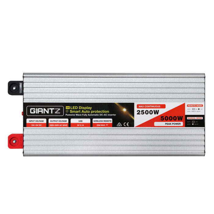 Giantz Power Inverter 12V to 240V 2500W/5000W Pure Sine Wave Camping Car Boat - Image 3